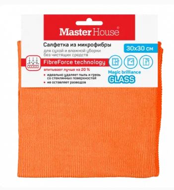 Салфетка из микрофибры 30*30см,220гр/м2,ДЛЯ СТЕКОЛ И ЗЕРКАЛ,Без разводов,60304/Master House